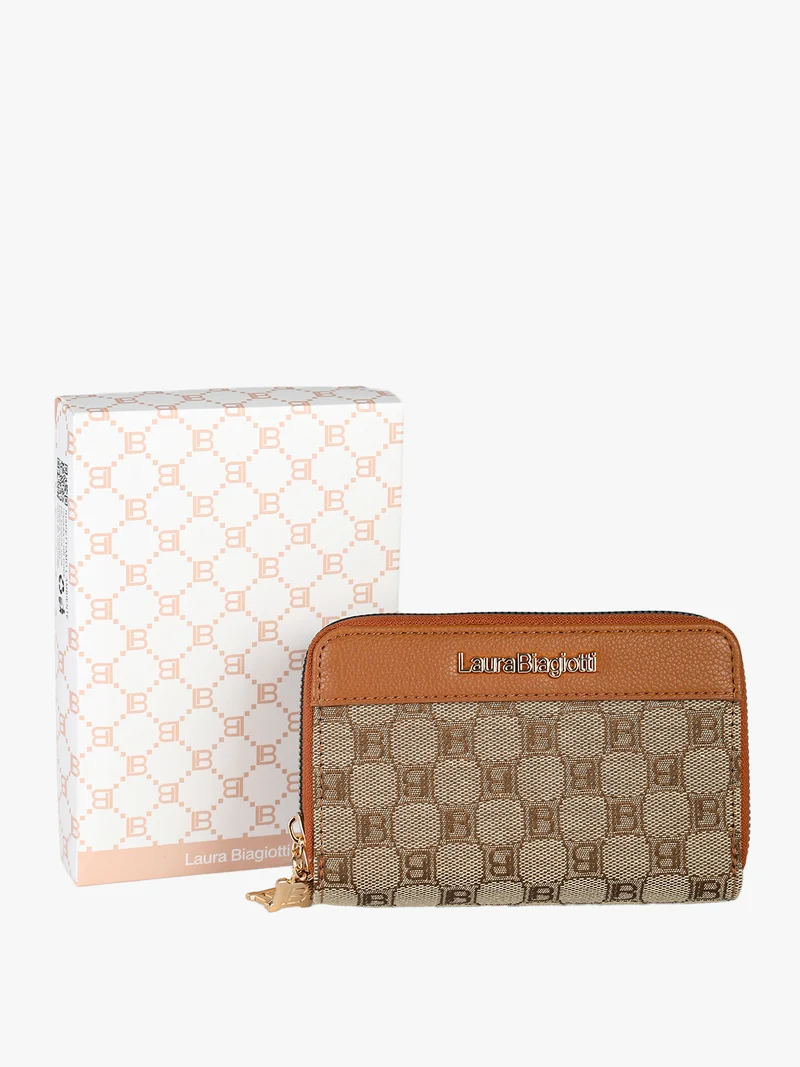 Portafoglio donna in tessuto con stampa monogramma e doppia tasca con zip - cuoio
