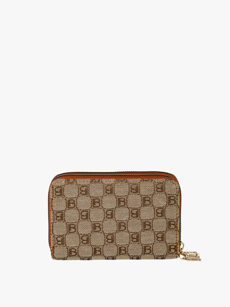 Portafoglio donna in tessuto con stampa monogramma e doppia tasca con zip - cuoio