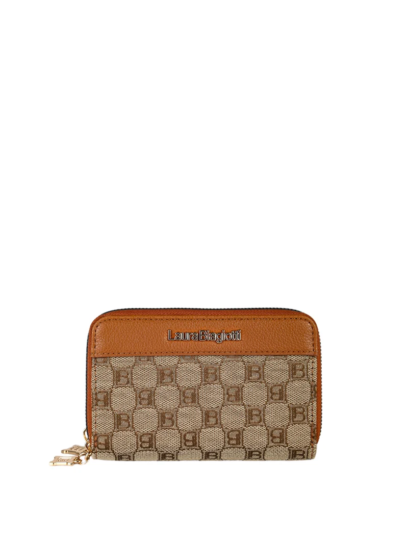 Portafoglio donna in tessuto con stampa monogramma e doppia tasca con zip - cuoio