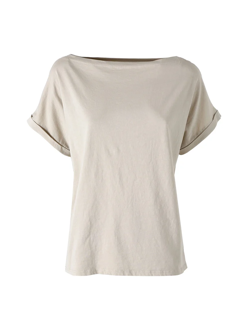 T-shirt donna in cotone con scollo a barca - beige