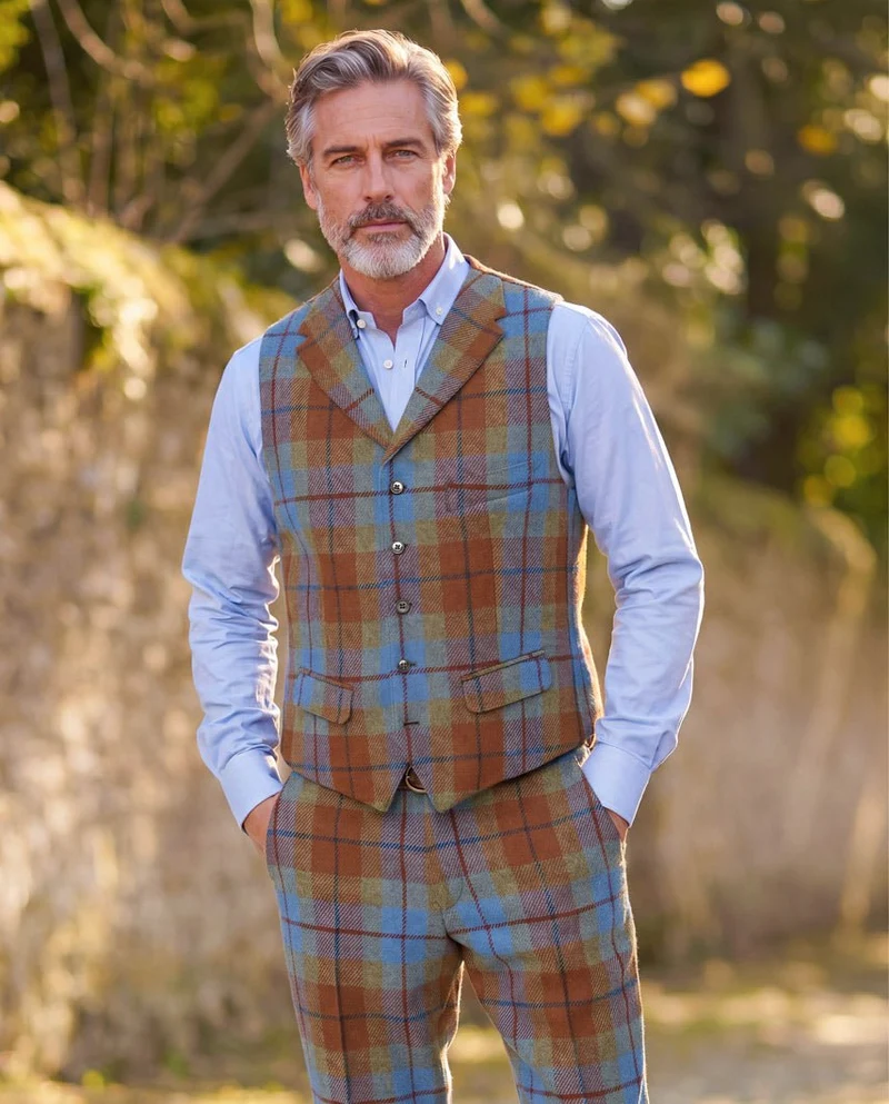 Harris Tweed Weste "Wales" in Gold Tartan