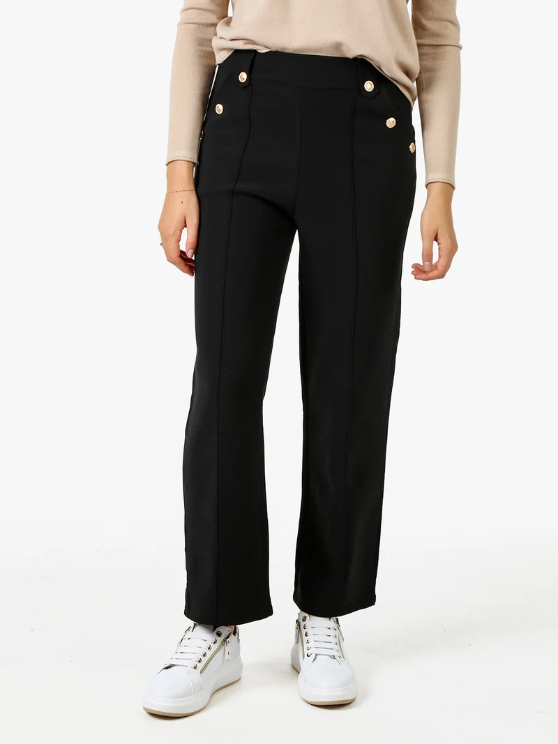 Pantaloni donna a vita alta con interno felpato e bottoni decorativi dorati - nero