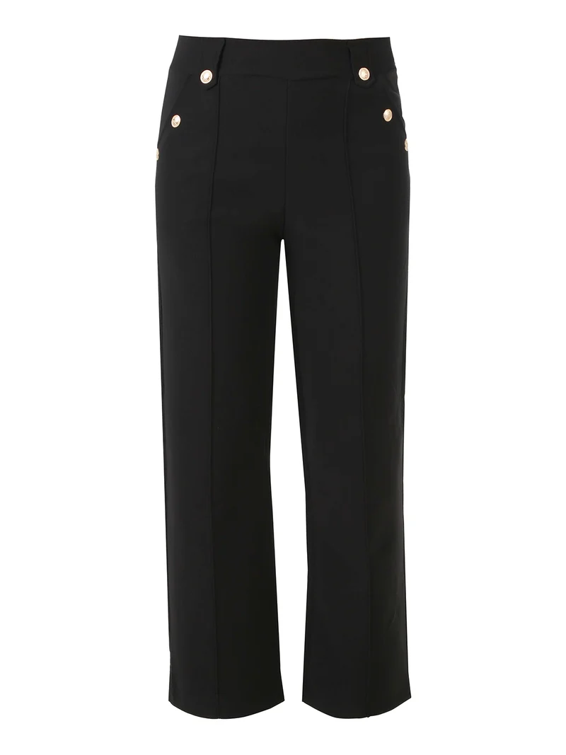 Pantaloni donna a vita alta con interno felpato e bottoni decorativi dorati - nero