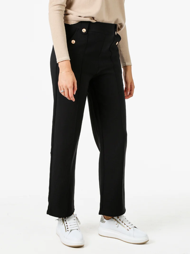 Pantaloni donna a vita alta con interno felpato e bottoni decorativi dorati - nero