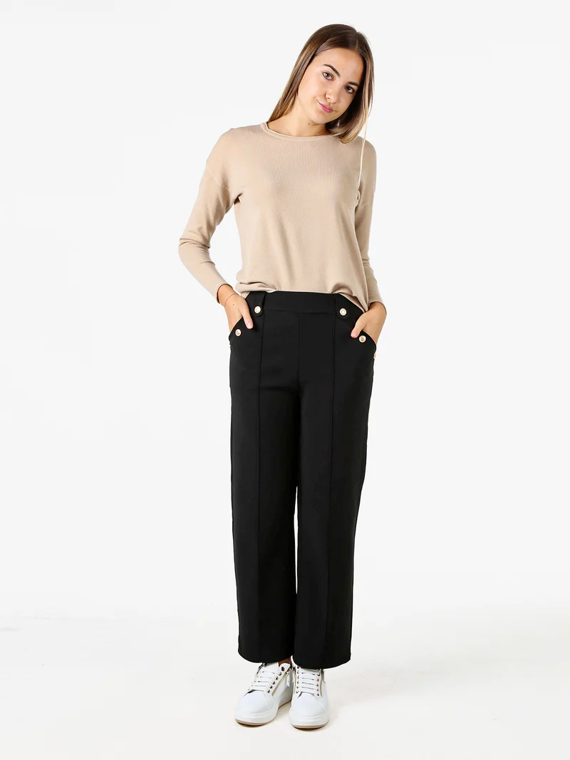 Pantaloni donna a vita alta con interno felpato e bottoni decorativi dorati - nero