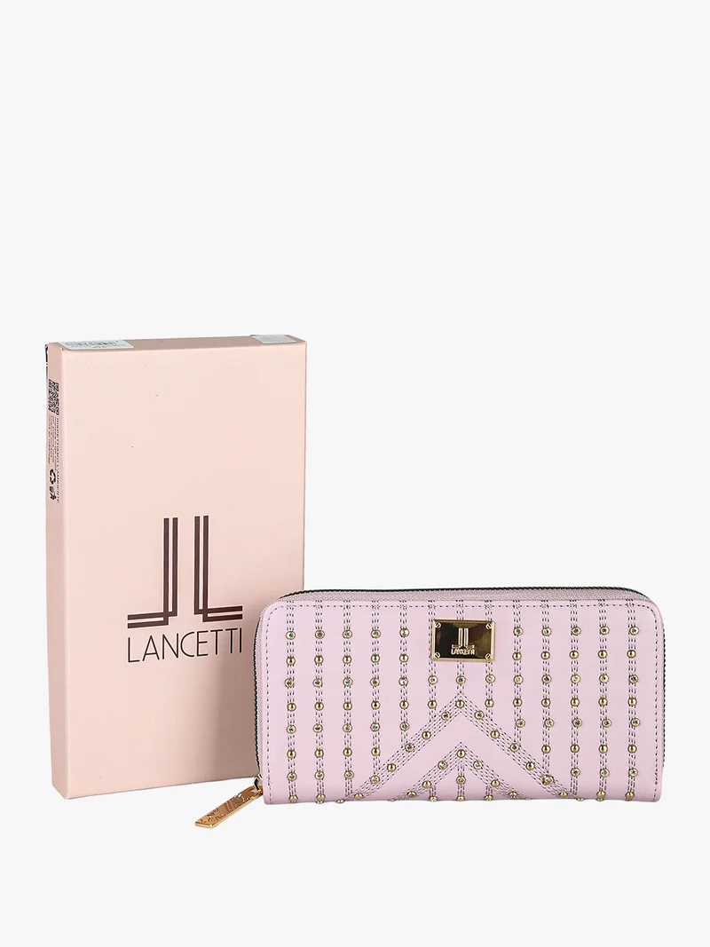 Portafoglio donna rettangolare con borchie e strass - rosa