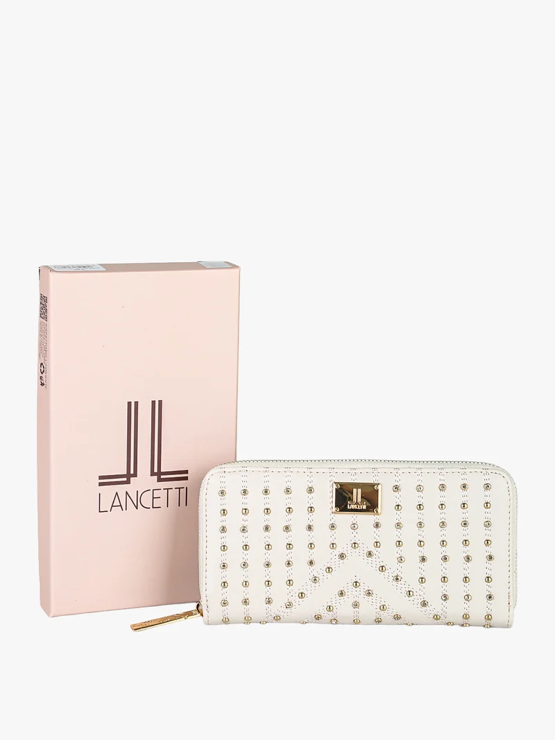 Portafoglio donna rettangolare con borchie e strass - perla