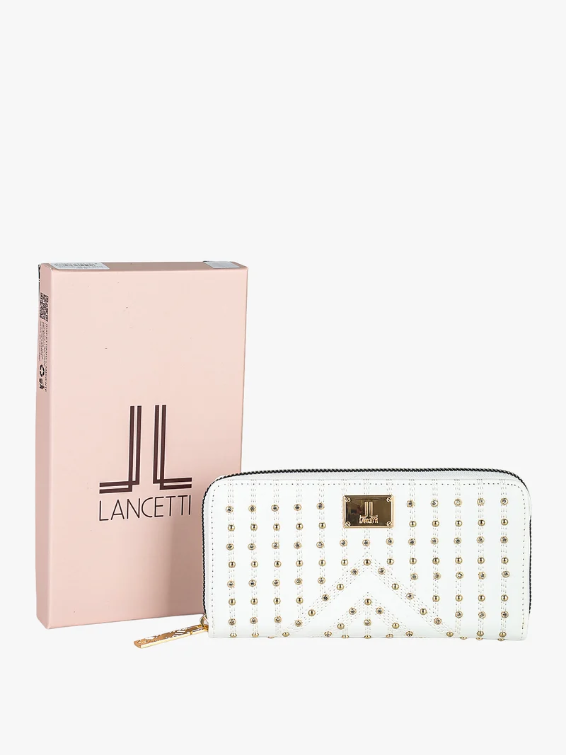 Portafoglio donna rettangolare con borchie e strass - bianco