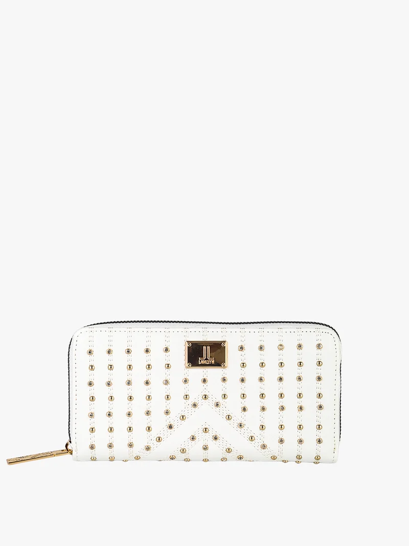 Portafoglio donna rettangolare con borchie e strass - bianco