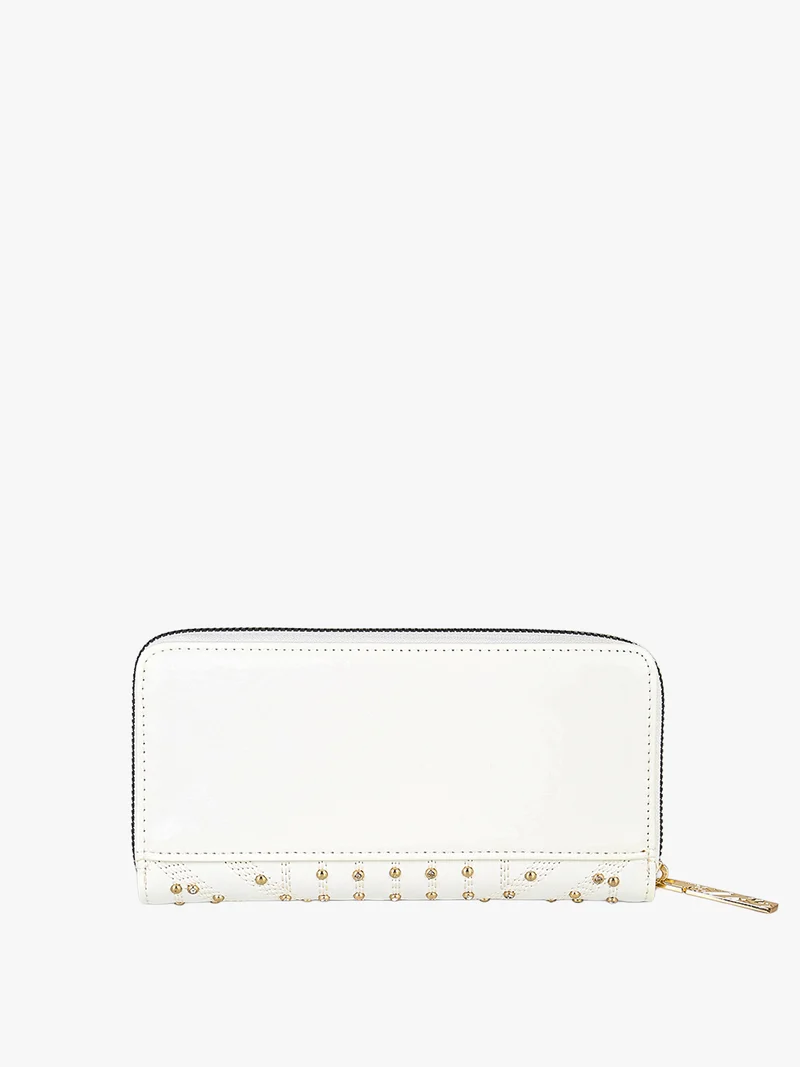 Portafoglio donna rettangolare con borchie e strass - bianco