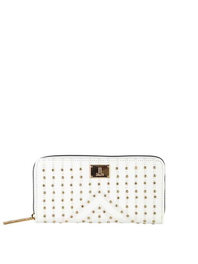 Portafoglio donna rettangolare con borchie e strass - bianco