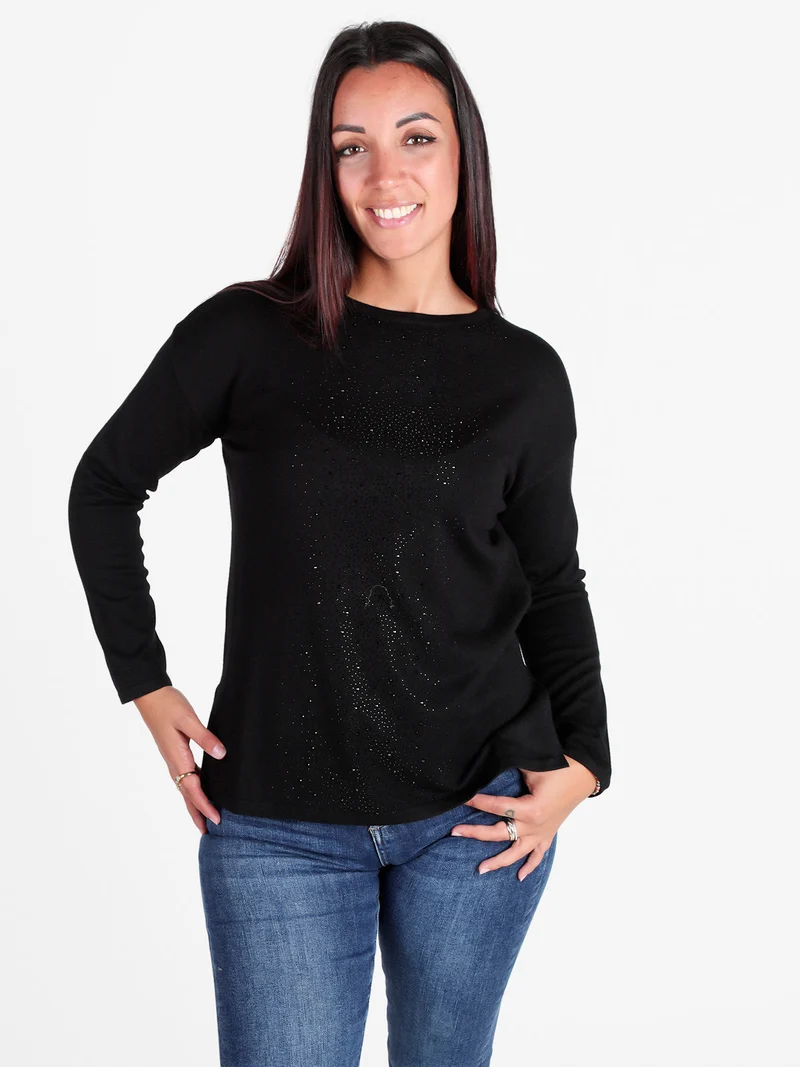 Maglia girocollo da donna con strass centrali - nero