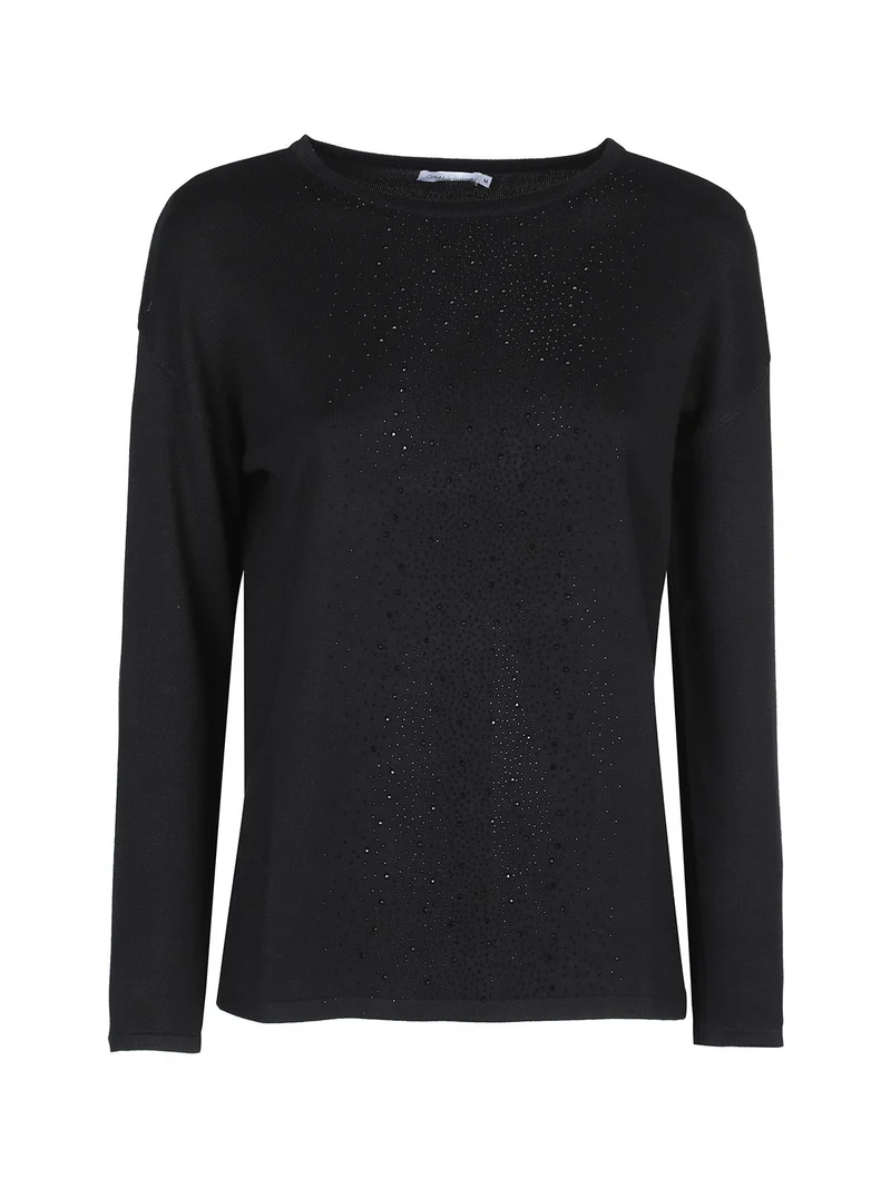Maglia girocollo da donna con strass centrali - nero