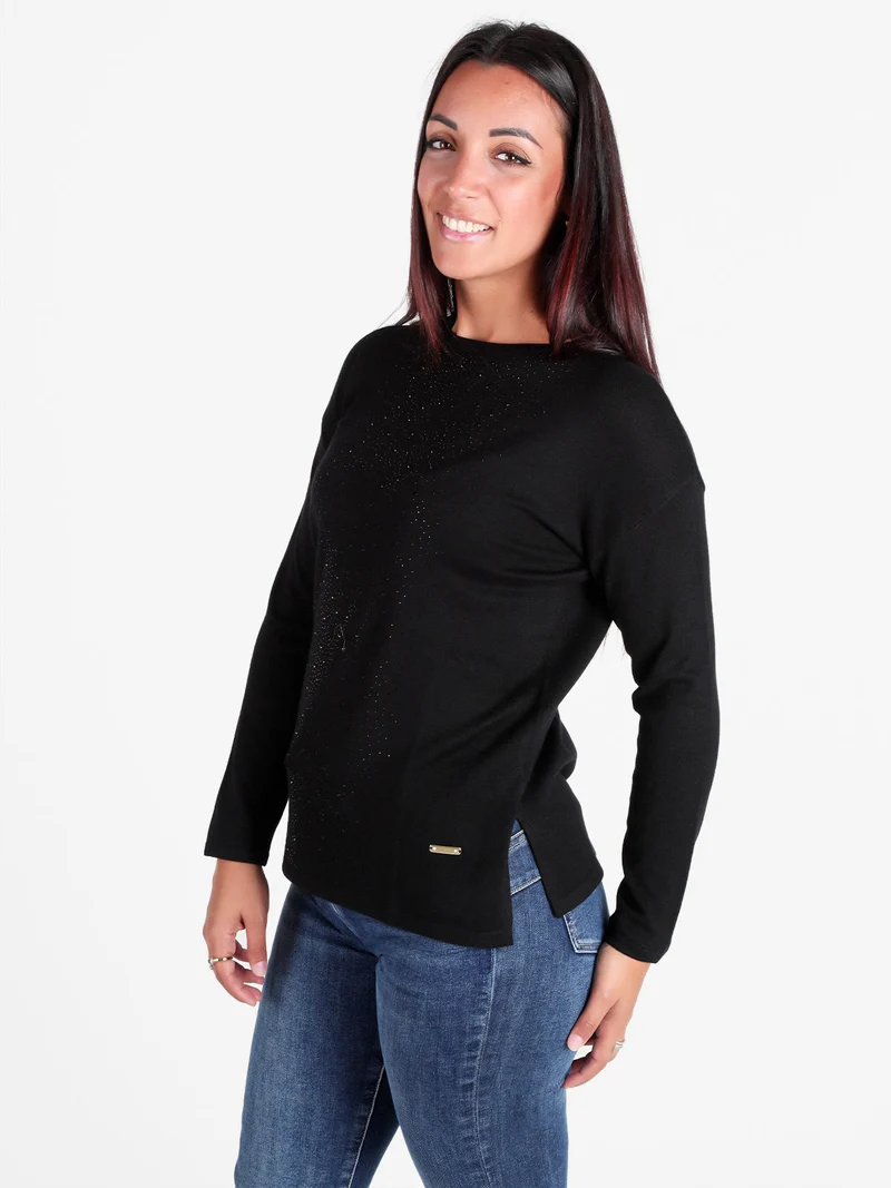 Maglia girocollo da donna con strass centrali - nero