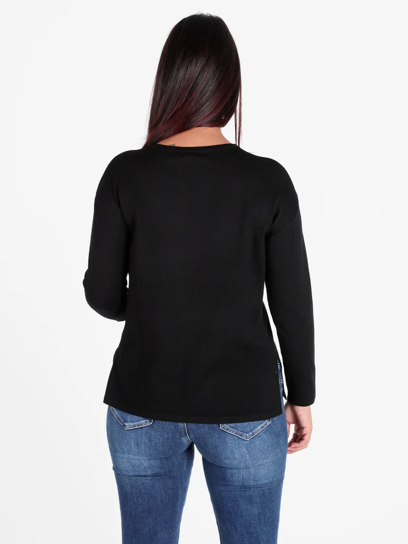 Maglia girocollo da donna con strass centrali - nero
