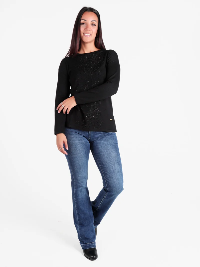 Maglia girocollo da donna con strass centrali - nero