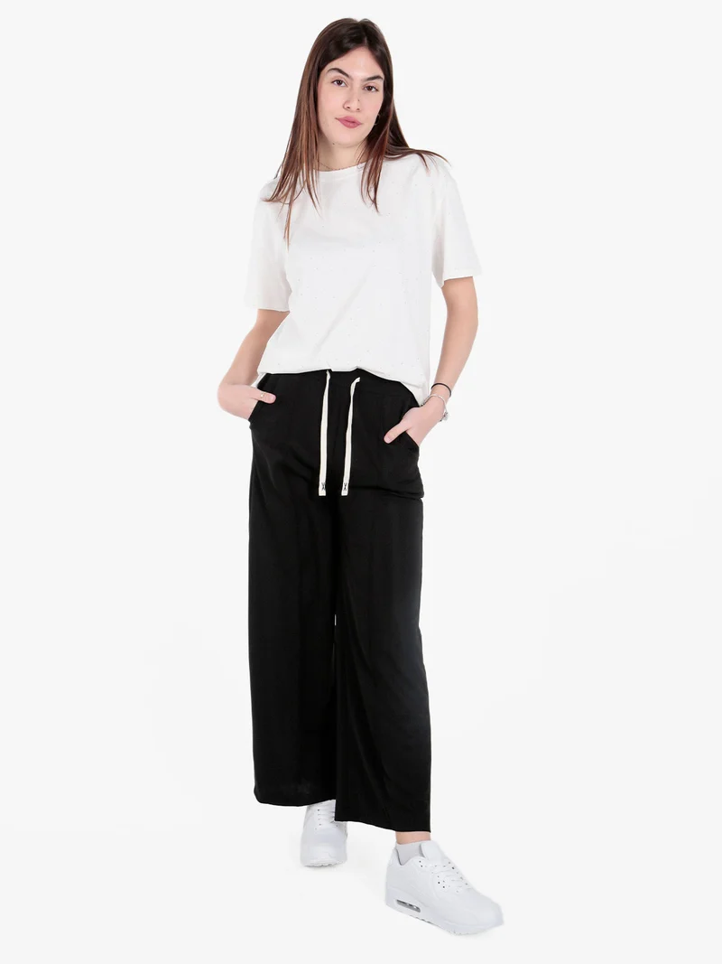 Pantaloni donna a gamba larga con coulisse - nero