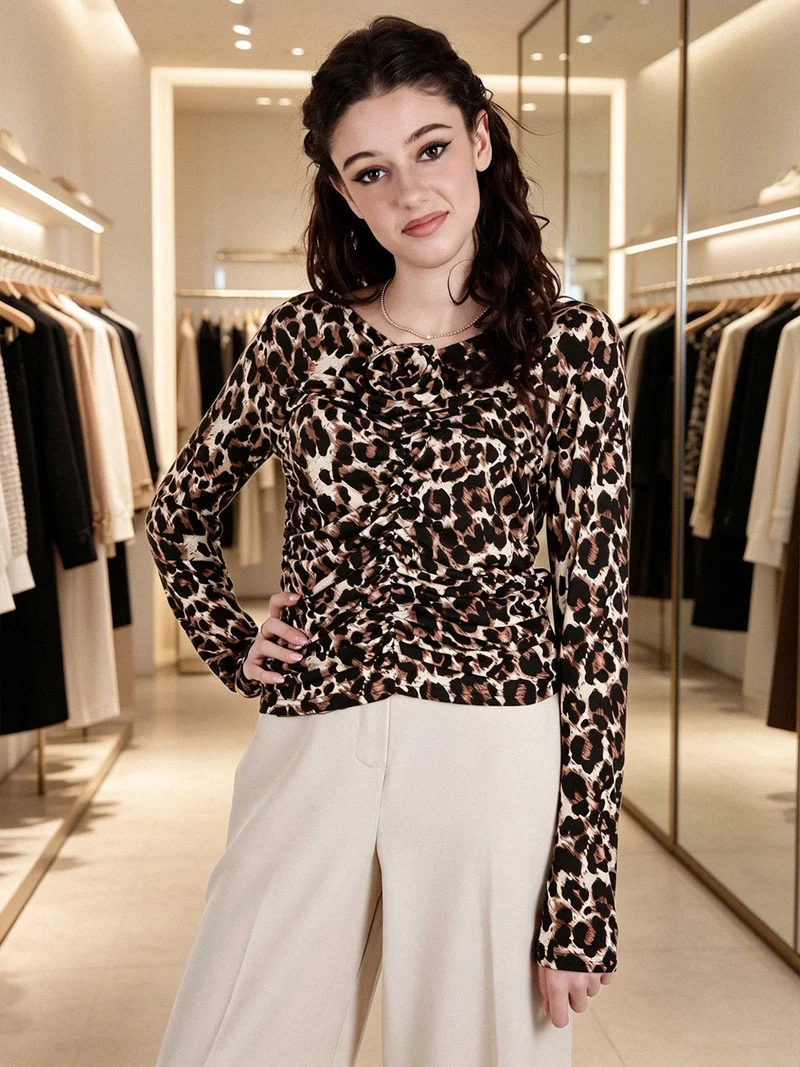 Maglietta donna maculata con scollo a V - marrone