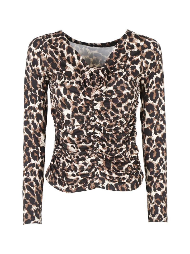 Maglietta donna maculata con scollo a V - marrone