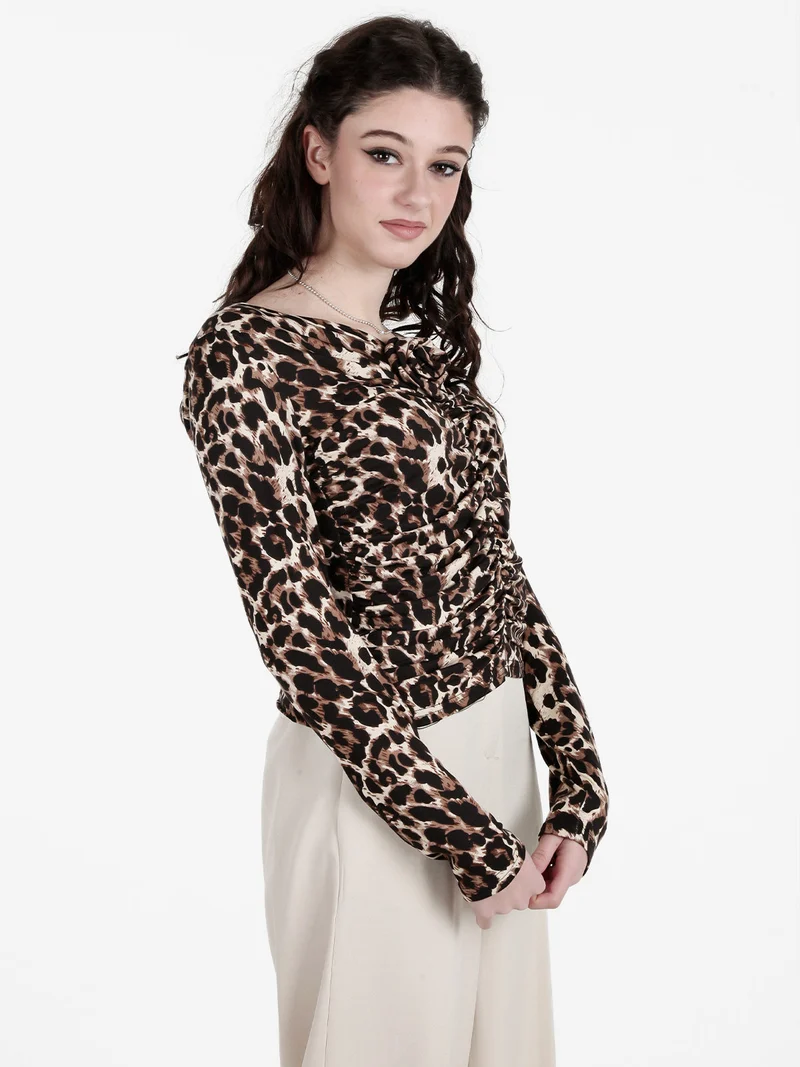 Maglietta donna maculata con scollo a V - marrone