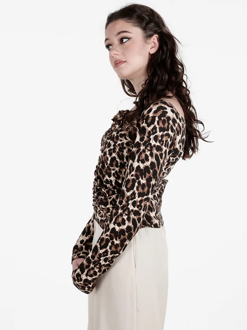 Maglietta donna maculata con scollo a V - marrone