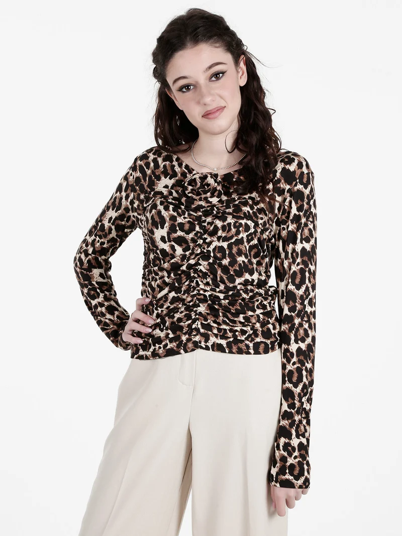 Maglietta donna maculata con scollo a V - marrone