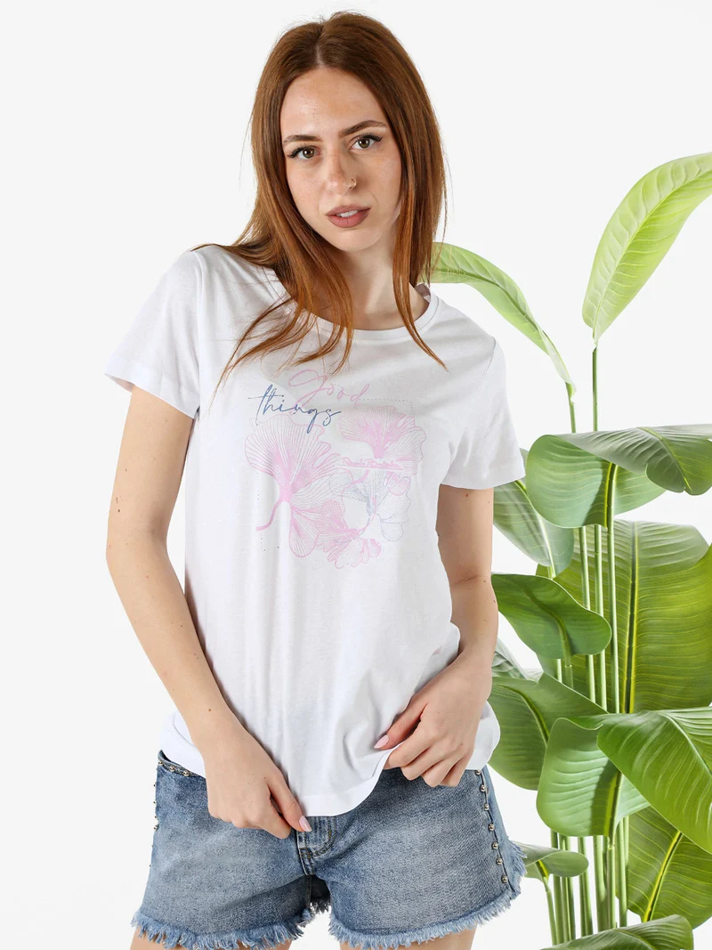 T-shirt girocollo da donna con stampa colorata - bianco