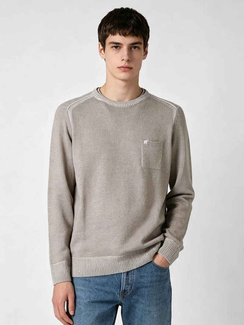 Maglione girocollo da uomo in misto lana con taschino - sabbia