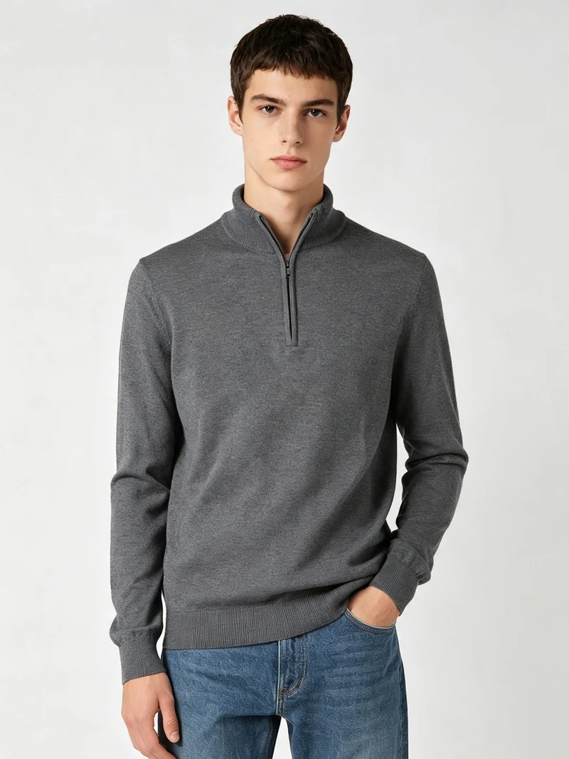 Maglia uomo a collo alto con mezza zip - grigio scuro