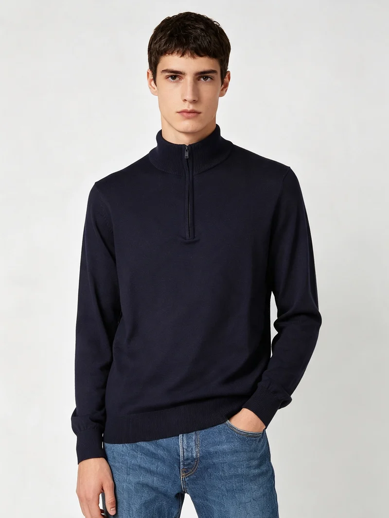 Maglia uomo a collo alto con mezza zip - blu scuro