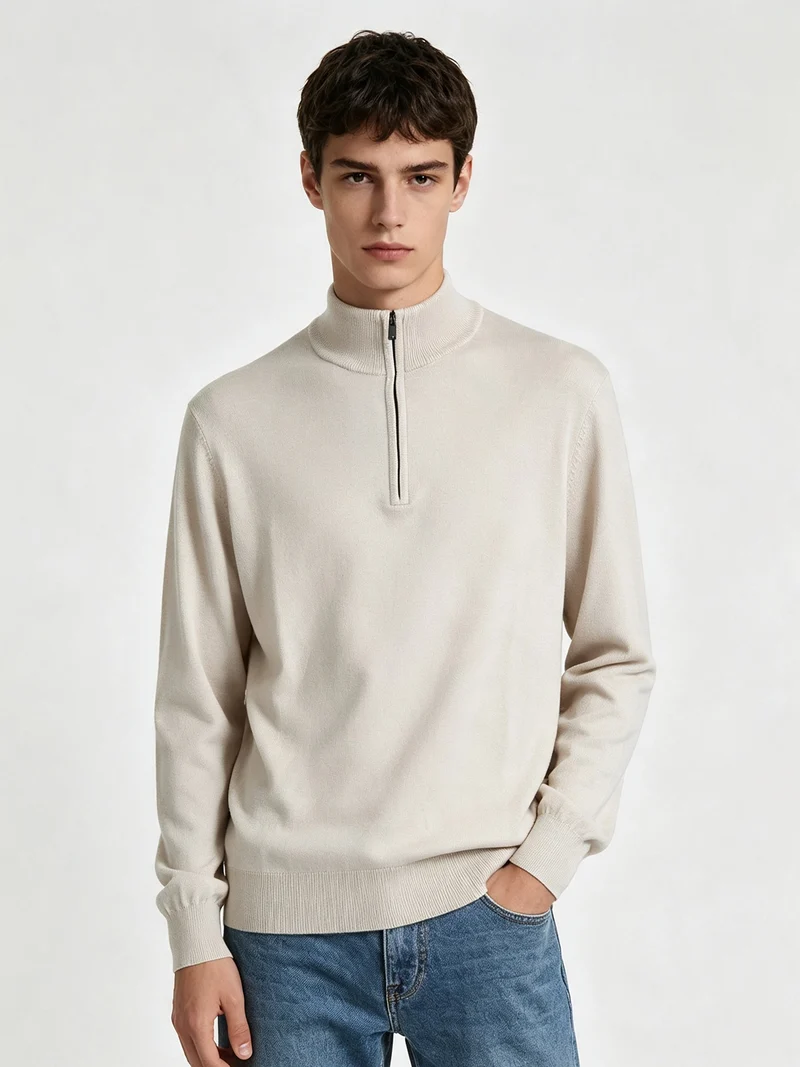 Maglia uomo a collo alto con mezza zip - beige