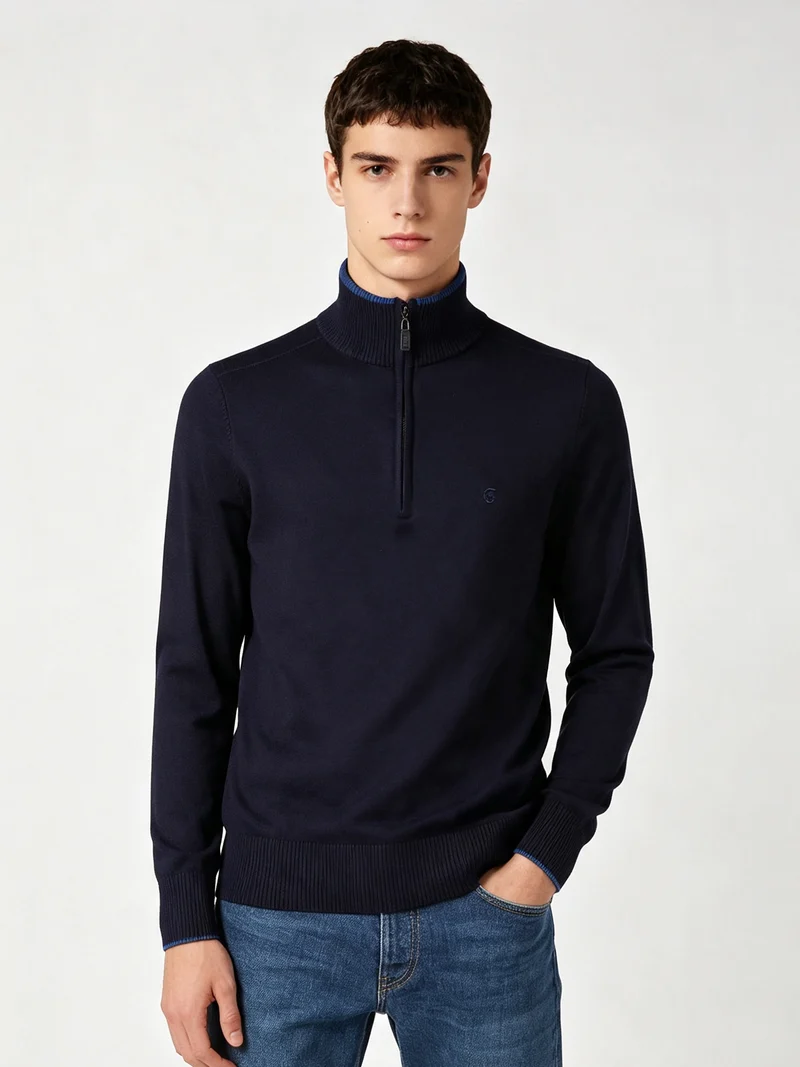 Maglia uomo a collo alto con mezza zip in viscosa - blu scuro