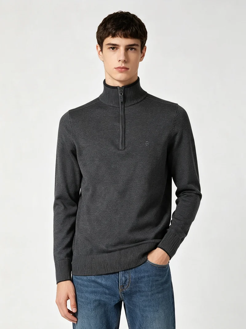 Maglia uomo a collo alto con mezza zip in viscosa - antracite