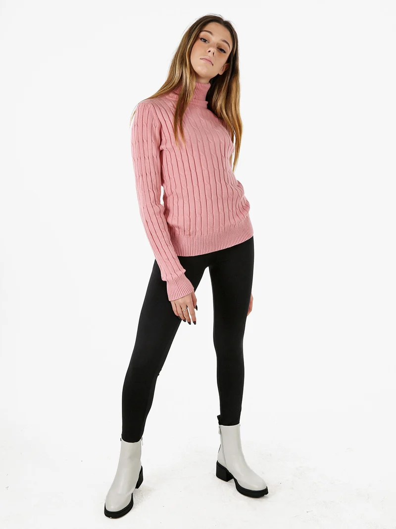 Maglione dolcevita donna a trecce - rosa