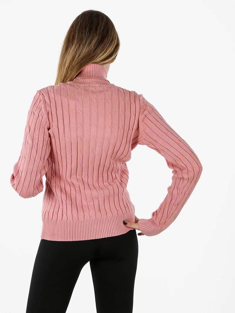 Maglione dolcevita donna a trecce - rosa