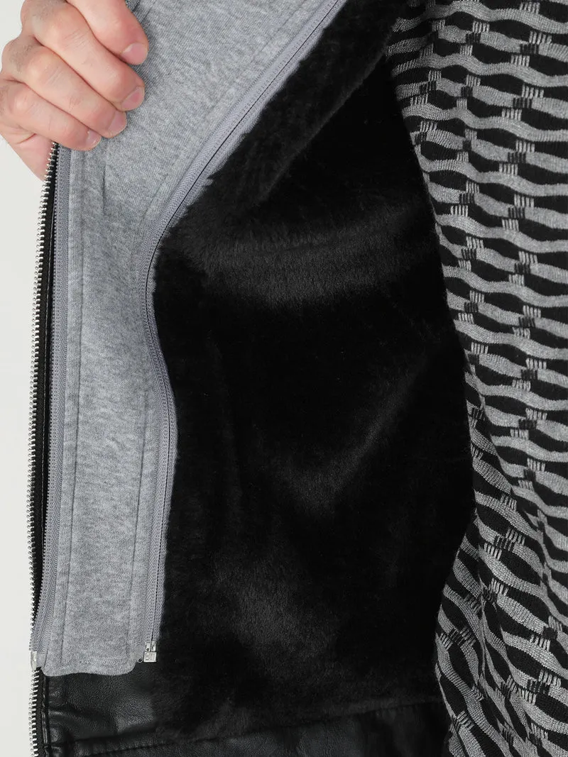 Giubbotto da uomo in ecopelle con cappuccio in felpa e interno in pelliccia sintetica - nero