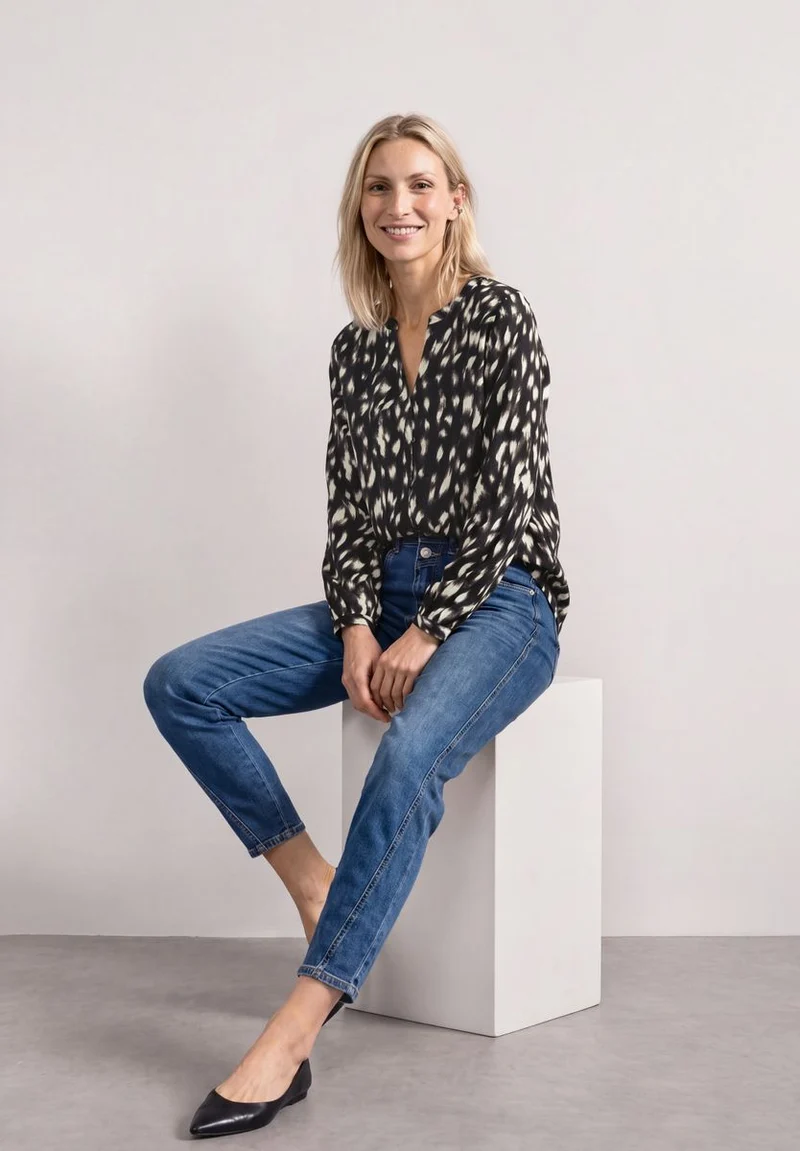Langarm Tunika mit Split Neck und Reh-Print