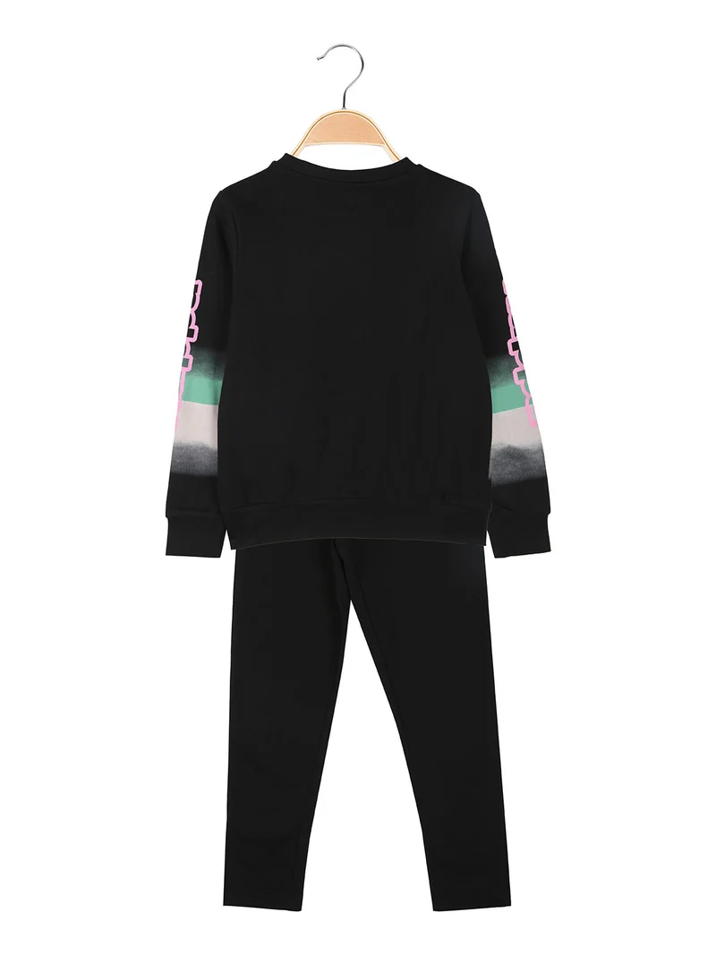 Completo girocollo da bambina felpato 2 pezzi - nero