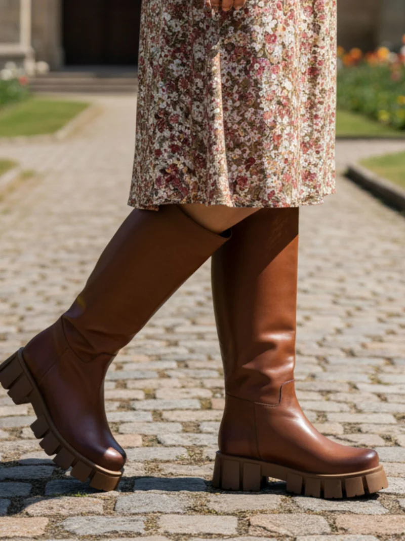 Stivali in pelle da donna con suola carrarmato - marrone