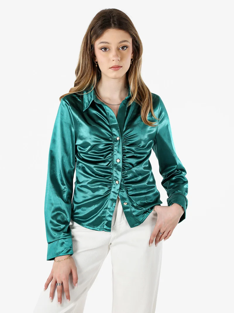 Camicia donna a maniche lunghe effetto raso - verde scuro