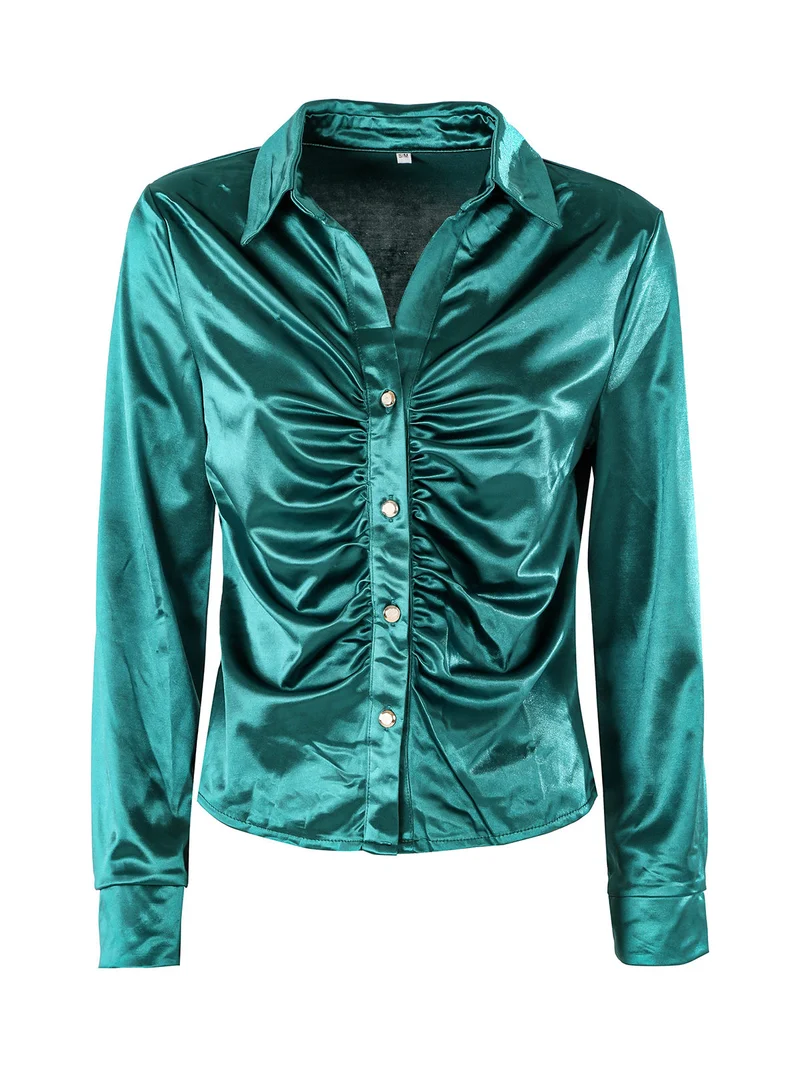 Camicia donna a maniche lunghe effetto raso - verde scuro