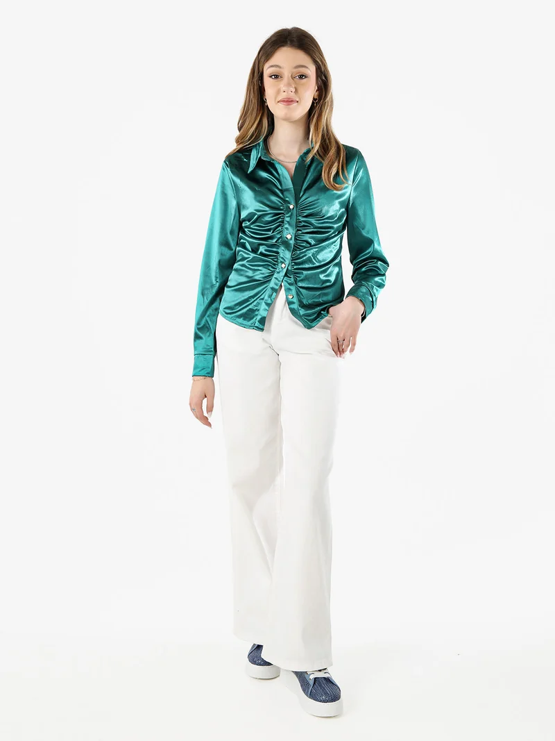 Camicia donna a maniche lunghe effetto raso - verde scuro