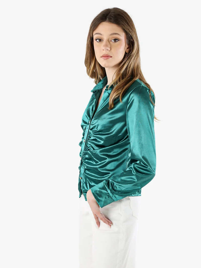 Camicia donna a maniche lunghe effetto raso - verde scuro