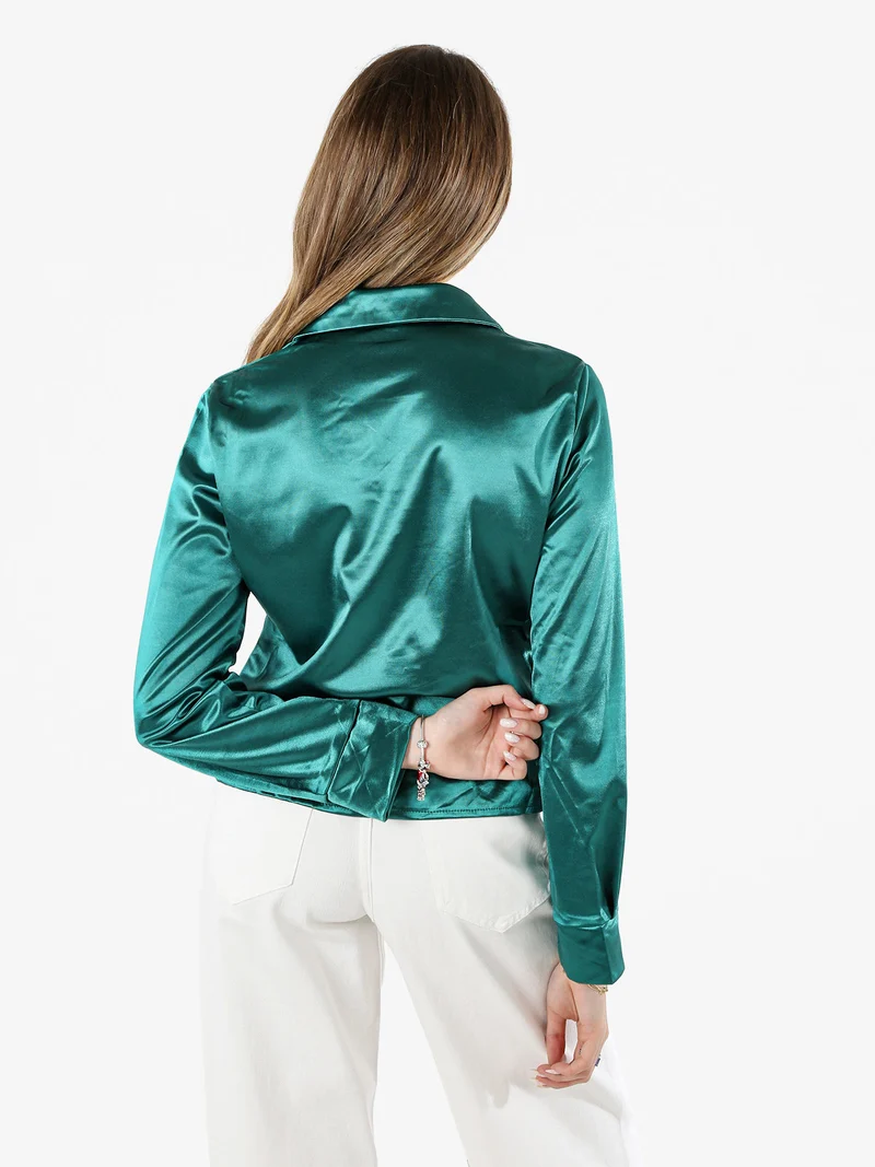 Camicia donna a maniche lunghe effetto raso - verde scuro