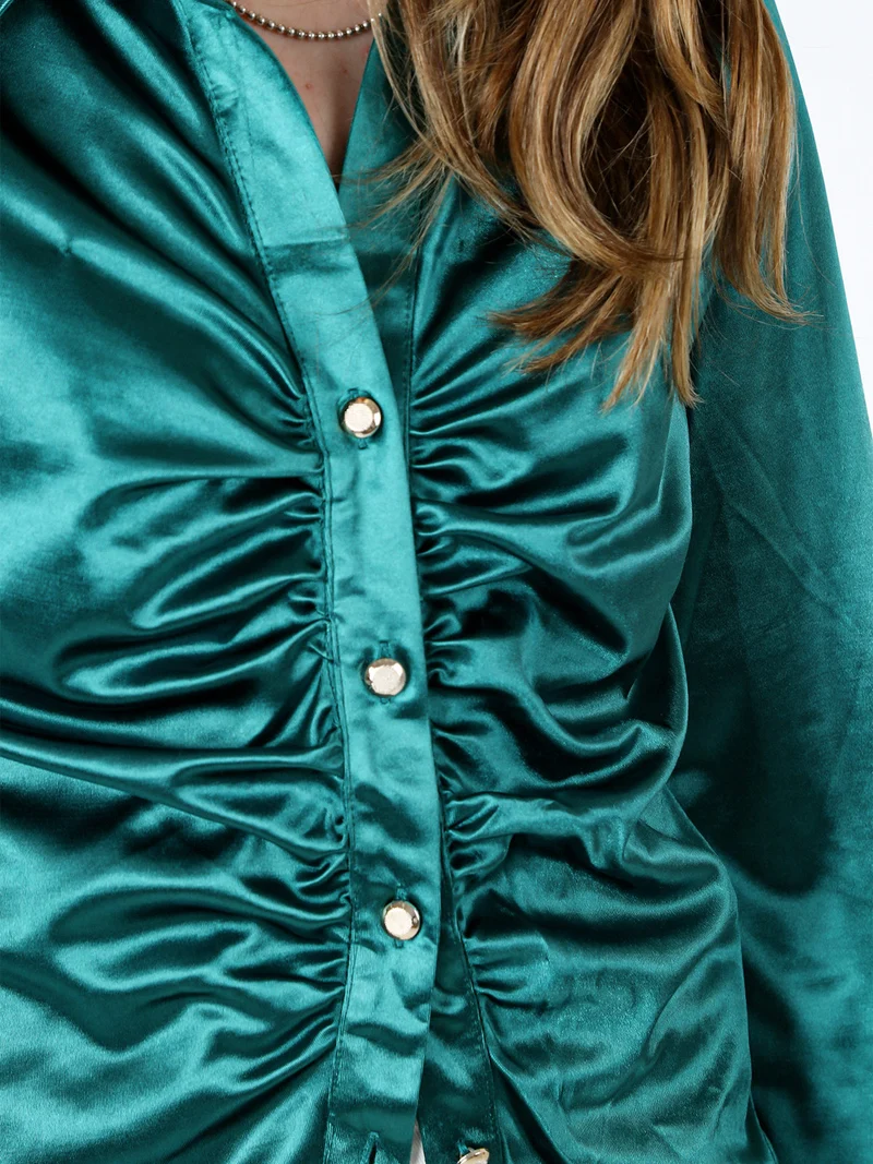 Camicia donna a maniche lunghe effetto raso - verde scuro