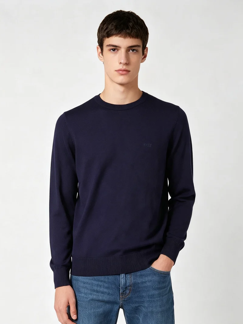 Maglione girocollo da uomo in misto lana tinta unita - blu scuro