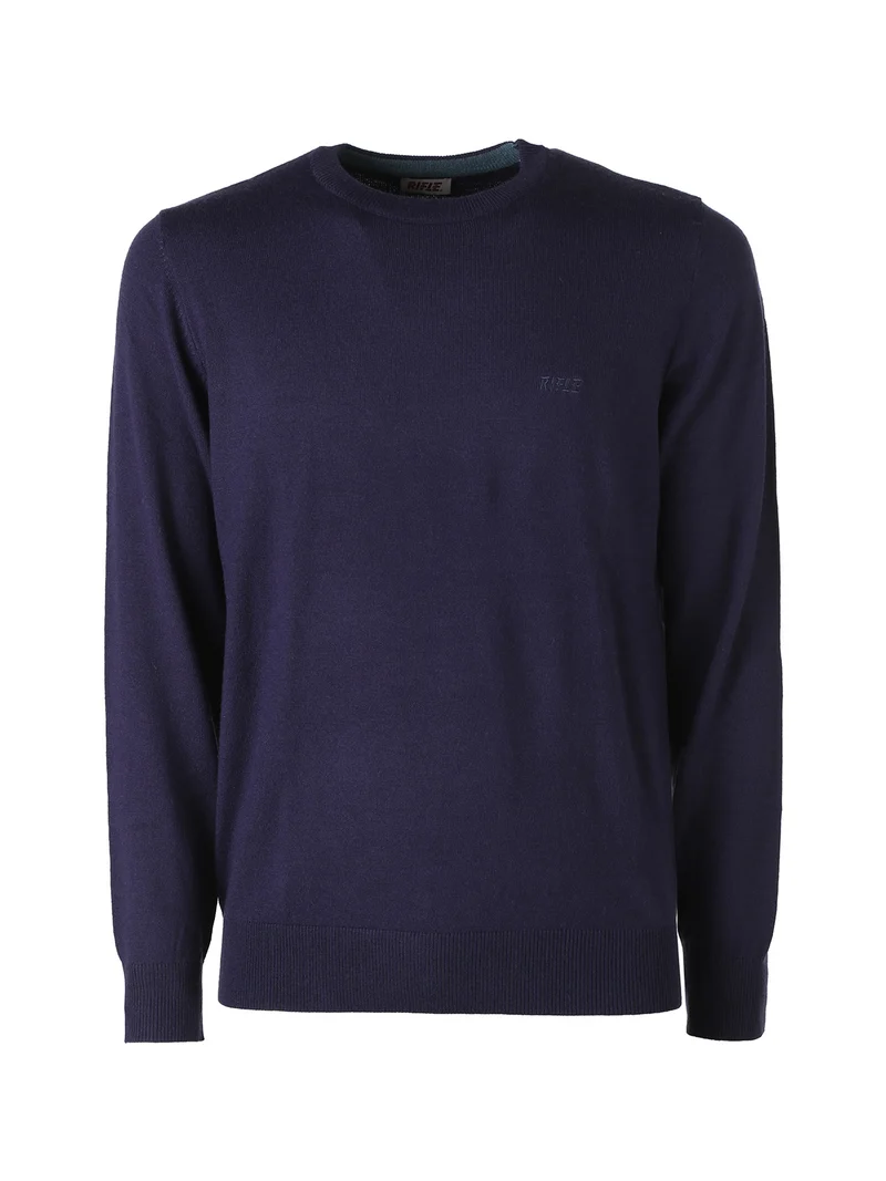 Maglione girocollo da uomo in misto lana tinta unita - blu scuro