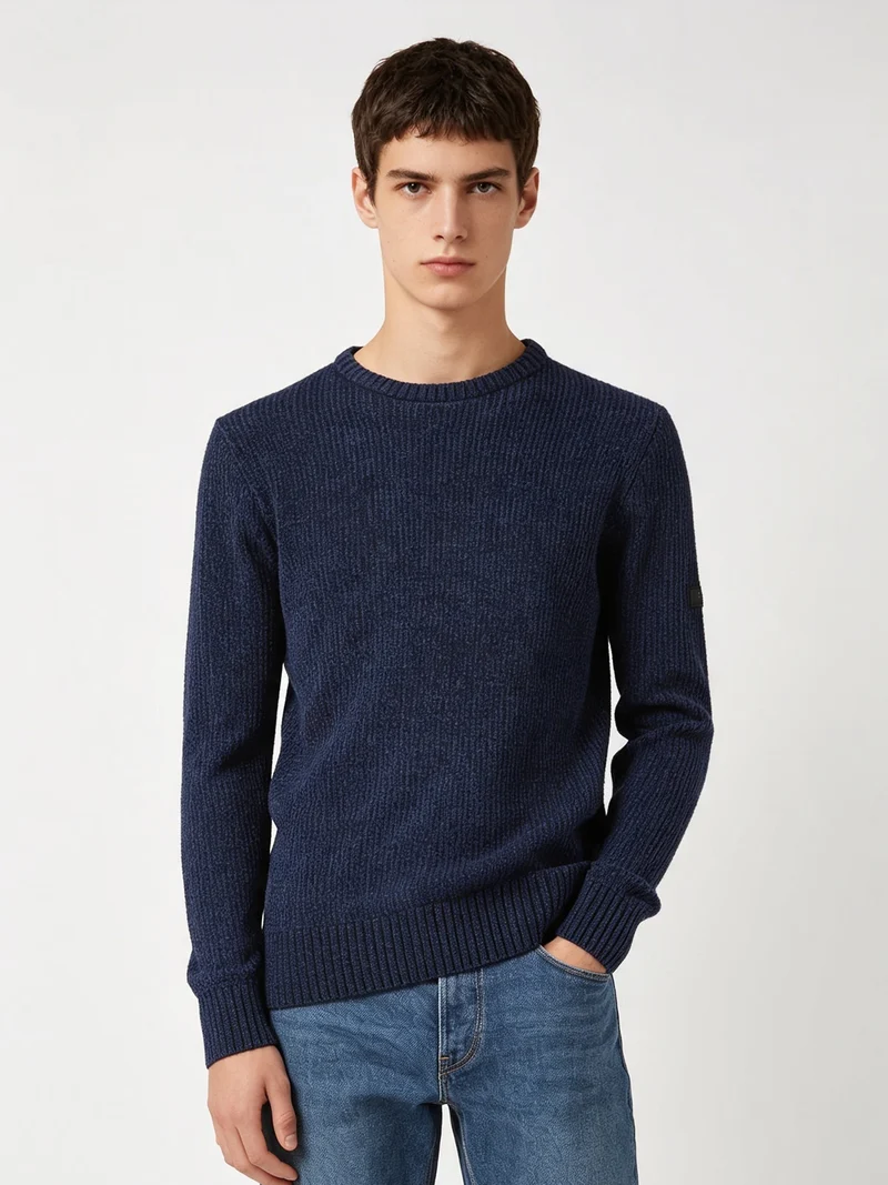 Maglione girocollo da uomo in ciniglia - blu scuro