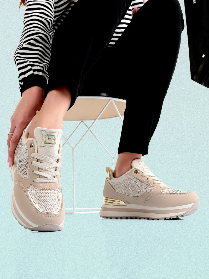 Sneakers donna stringate con strass e platform - beige