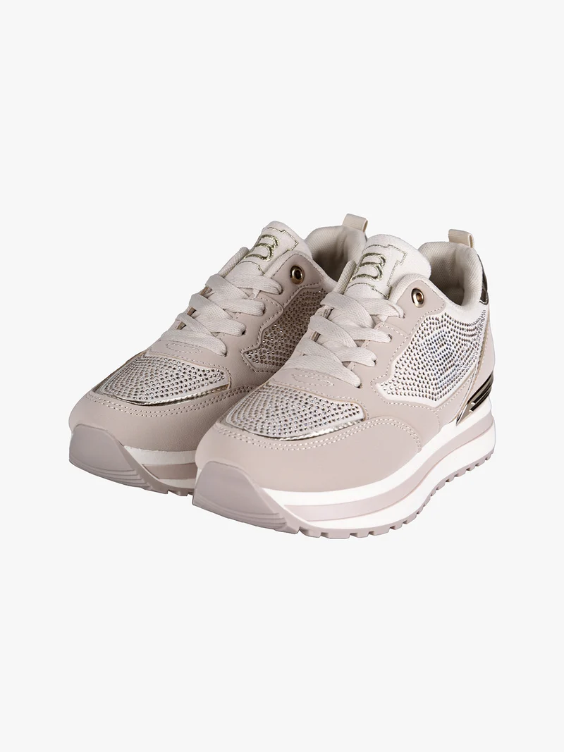 Sneakers donna stringate con strass e platform - beige